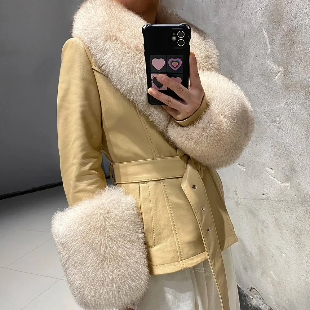 Women's Luxury Leather Coat with Genuine Fox Fur Collar