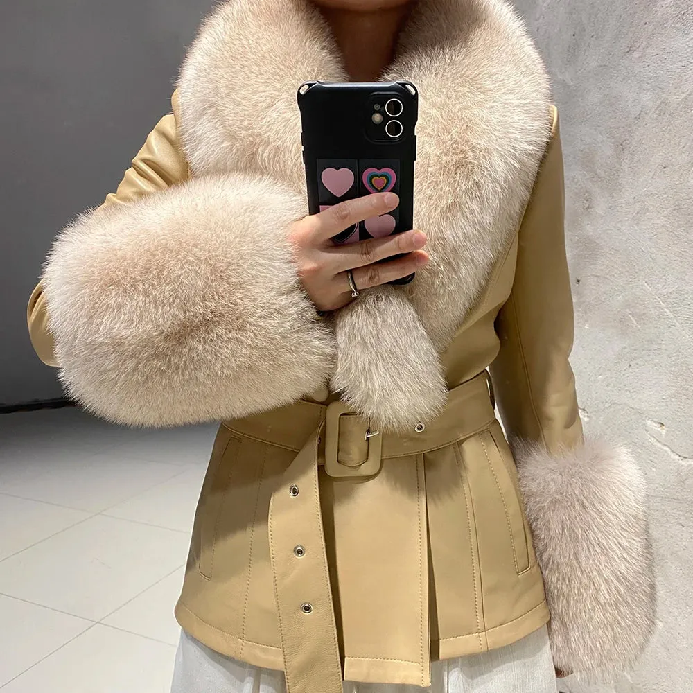 Women's Luxury Leather Coat with Genuine Fox Fur Collar