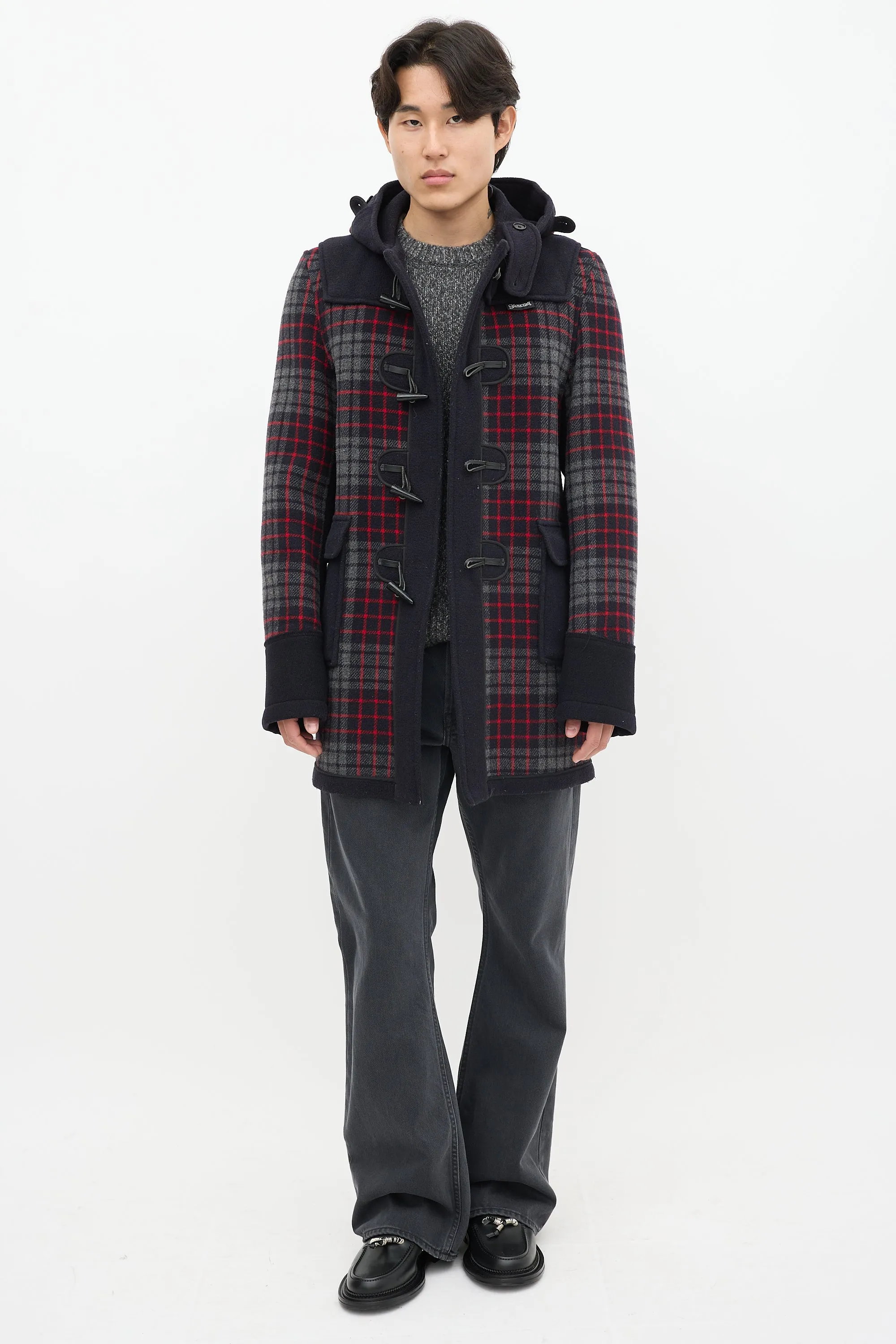 X Gloverall Navy & Multicolour Wool Plaid Coat