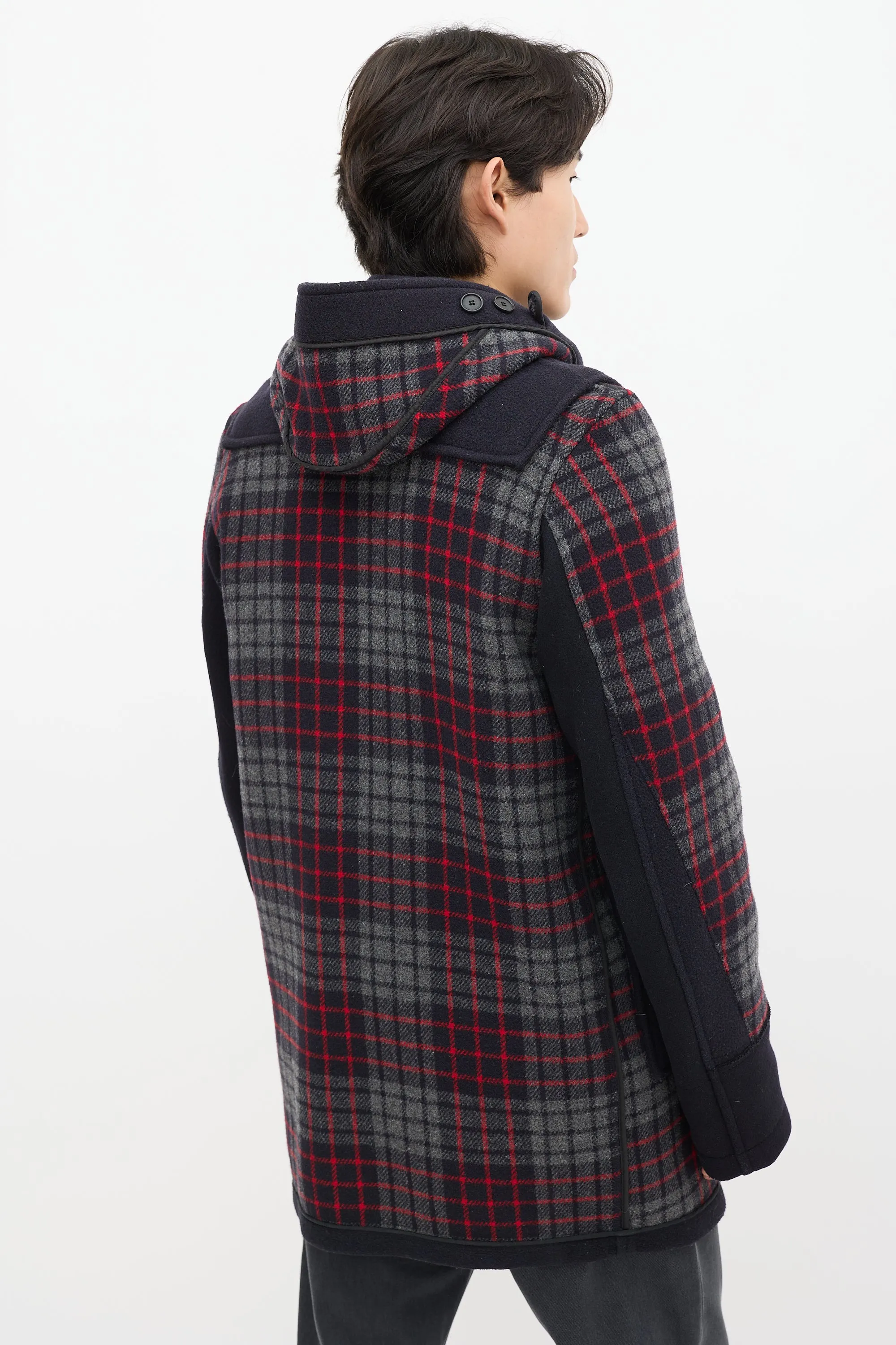 X Gloverall Navy & Multicolour Wool Plaid Coat