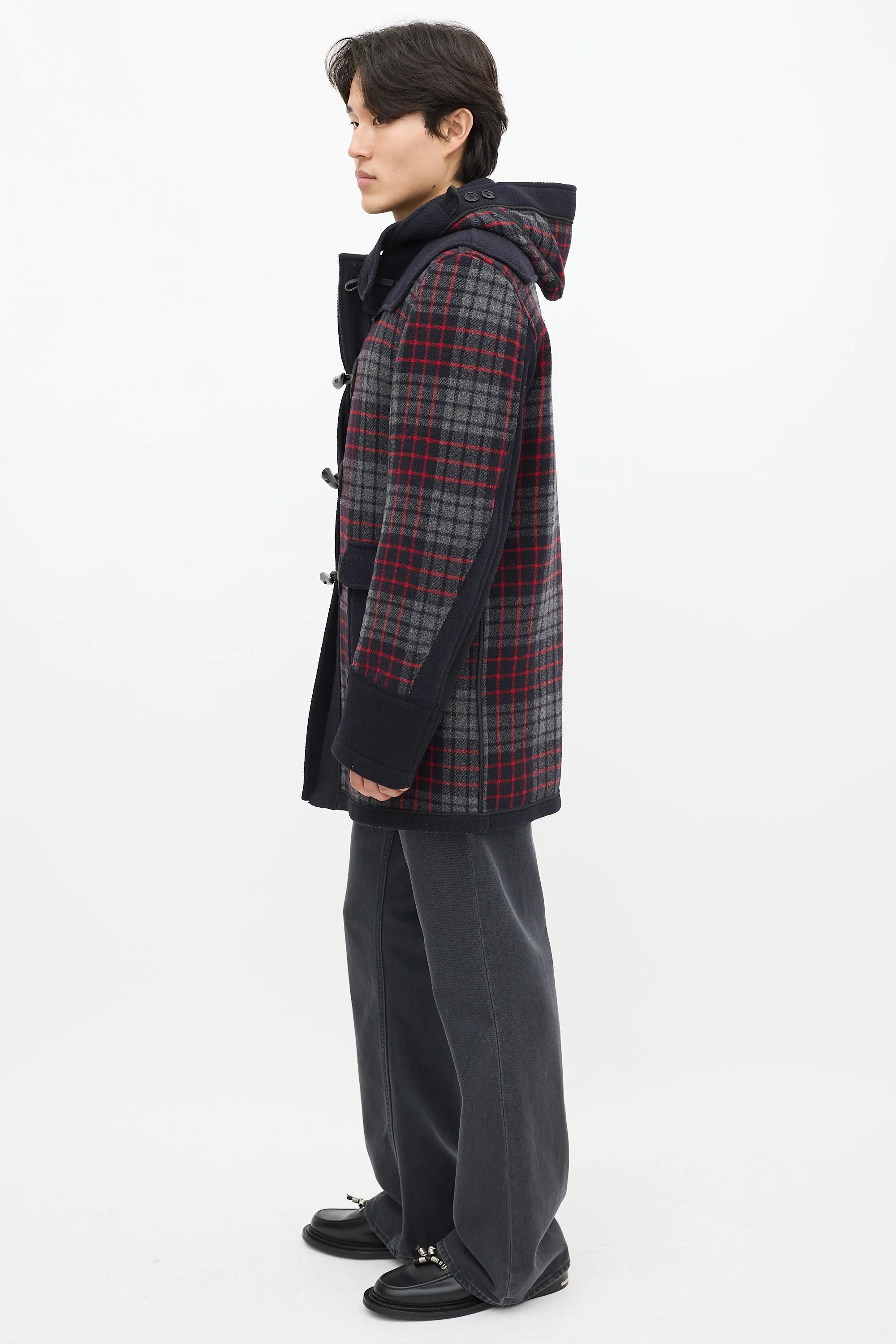 X Gloverall Navy & Multicolour Wool Plaid Coat