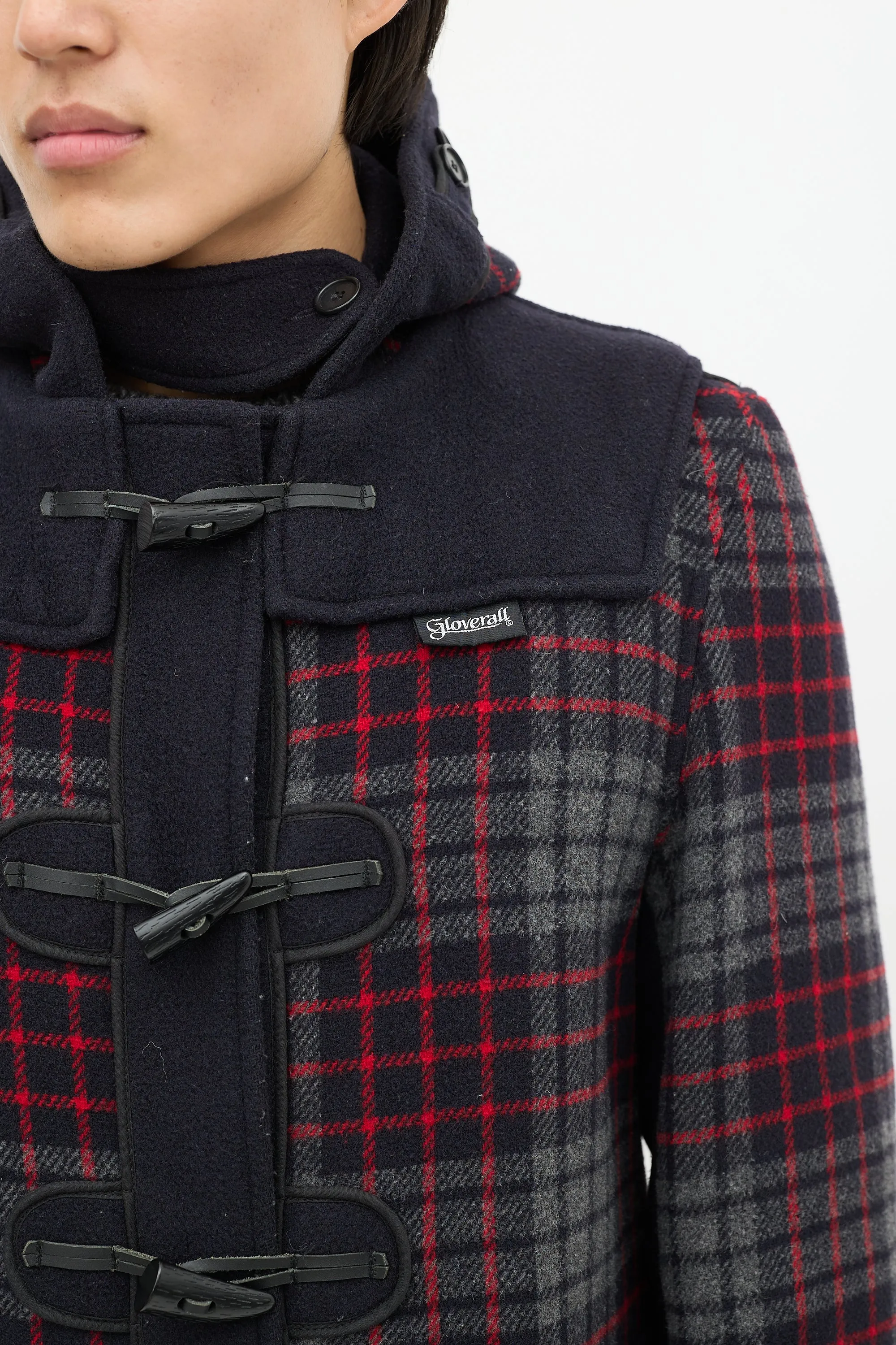 X Gloverall Navy & Multicolour Wool Plaid Coat