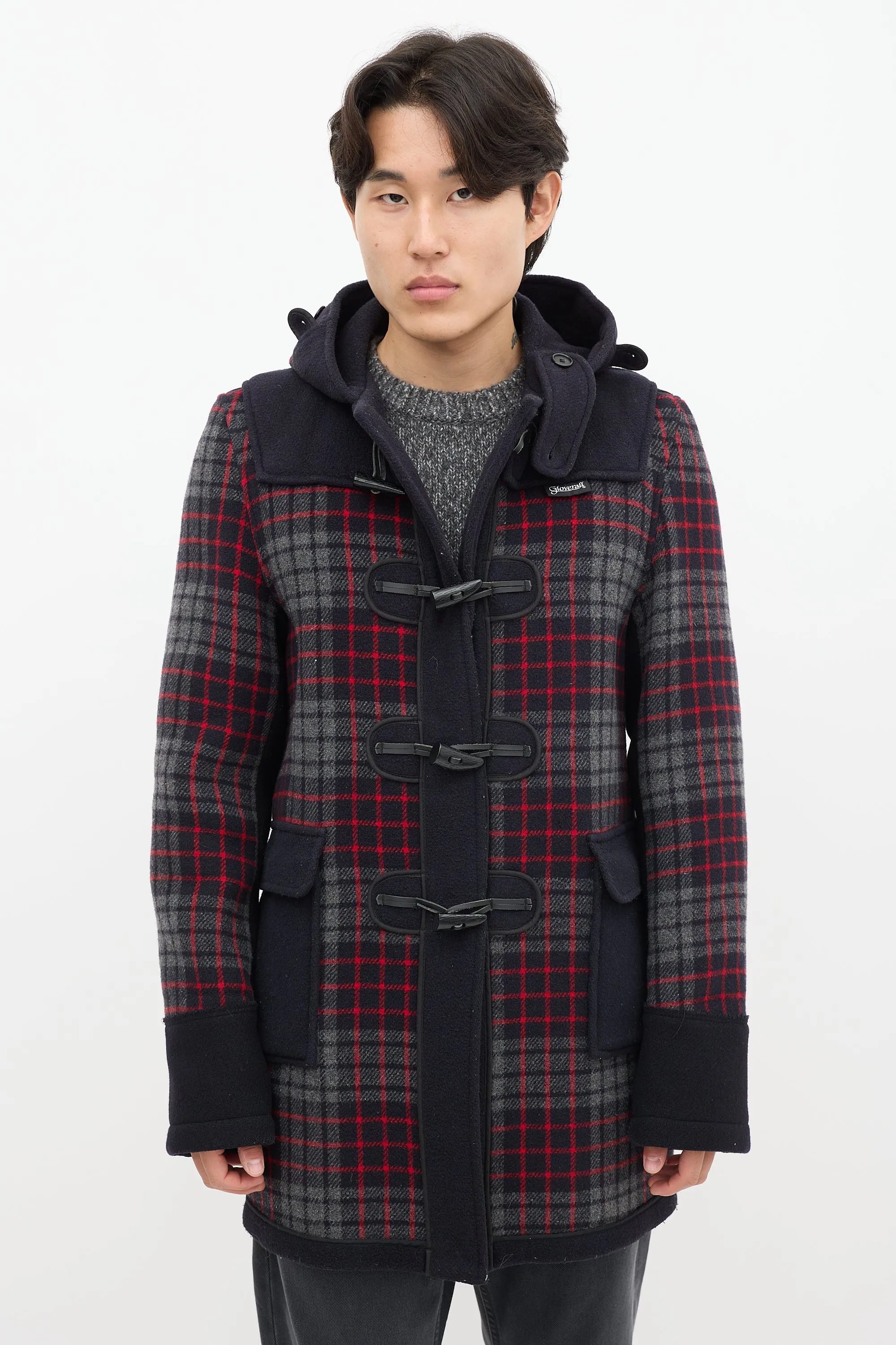 X Gloverall Navy & Multicolour Wool Plaid Coat