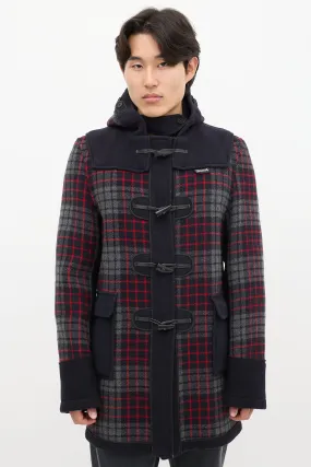 X Gloverall Navy & Multicolour Wool Plaid Coat