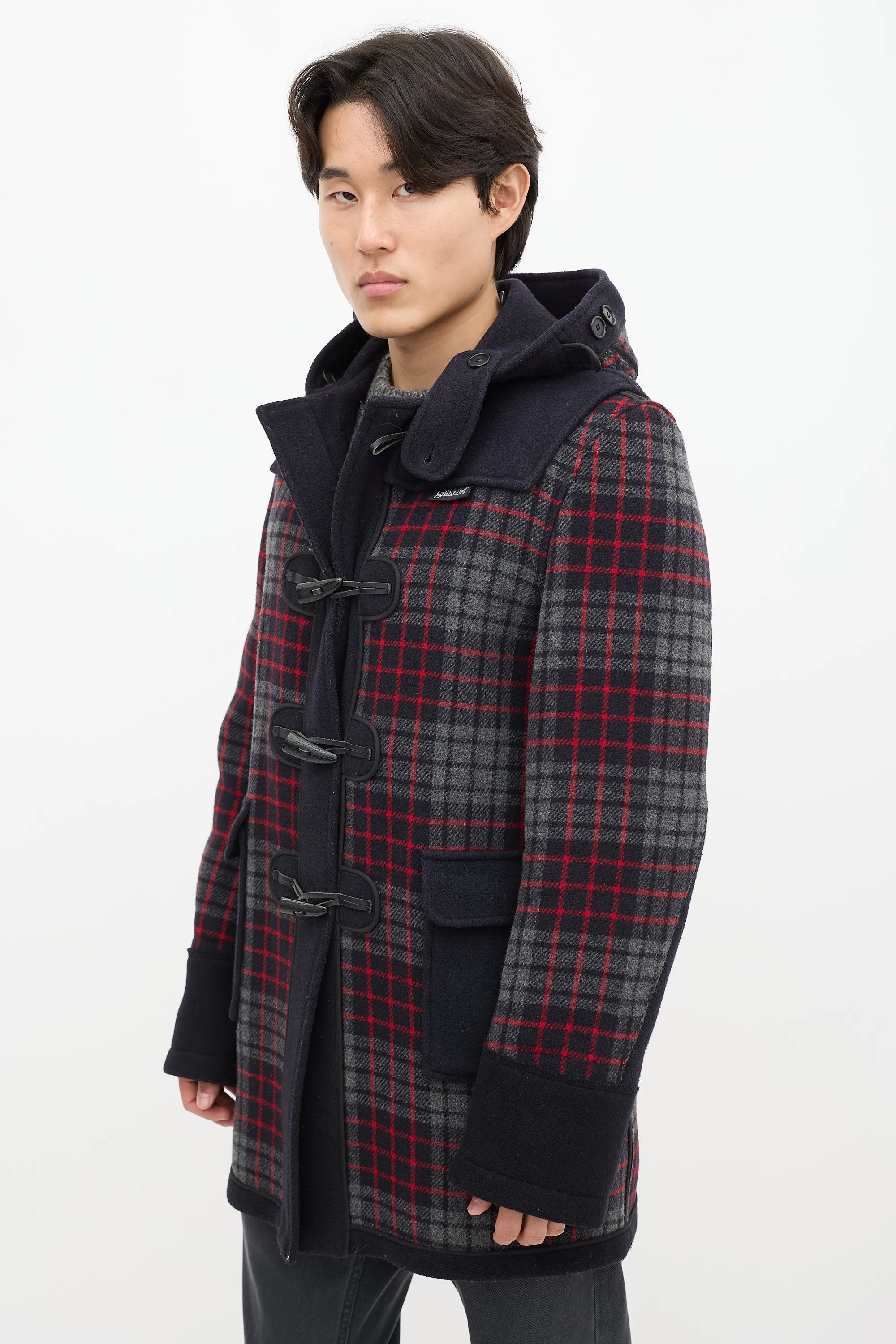 X Gloverall Navy & Multicolour Wool Plaid Coat